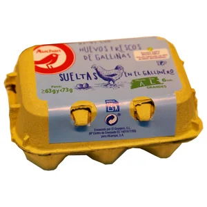 AUCHAN Huevos de gallinas sueltas en el gallinero clase L y cat. A 6 uds. Producto Alcampo