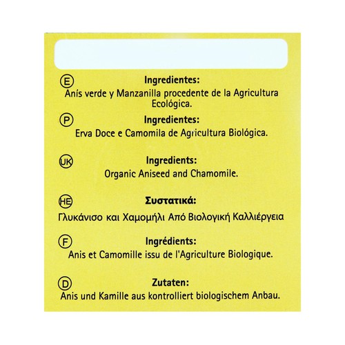 ARTEMIS BIO Manzanilla con anis infusión procedente de agricultura ecológica ARTEMIS BIO 20 bolsitas 28 g.