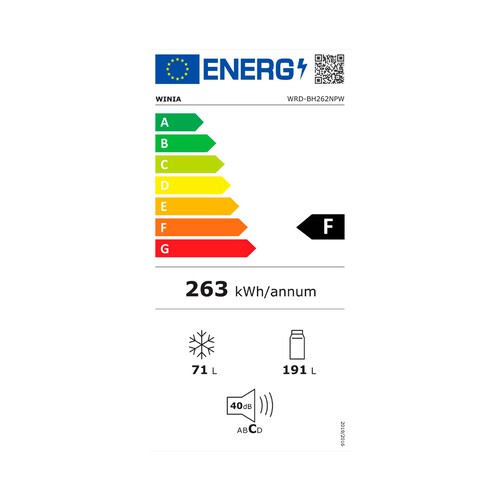 Frigorífico combi WINIA WRDBH262NPW Cíclico, clasificación energética: F, H: 180cm, A: 55cm, F: 56cm, capacidad total: 262L.