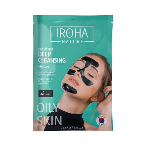 IROHA NATURE Mascarilla facial eliminadora de impurezas con carbón, efecto inmediato 3 uds.