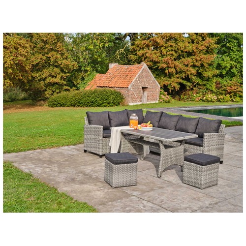 Conjunto jardín 5 piezas GARDENSTAR ALCAMPO MONTREAL con 1 sofá rinconera, 1 sofá, 2 pufs y 1 mesa.