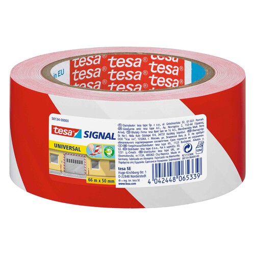 Cinta señalizadora adhesiva de 50 mm x 66 m color rojo y blanco, TESA.