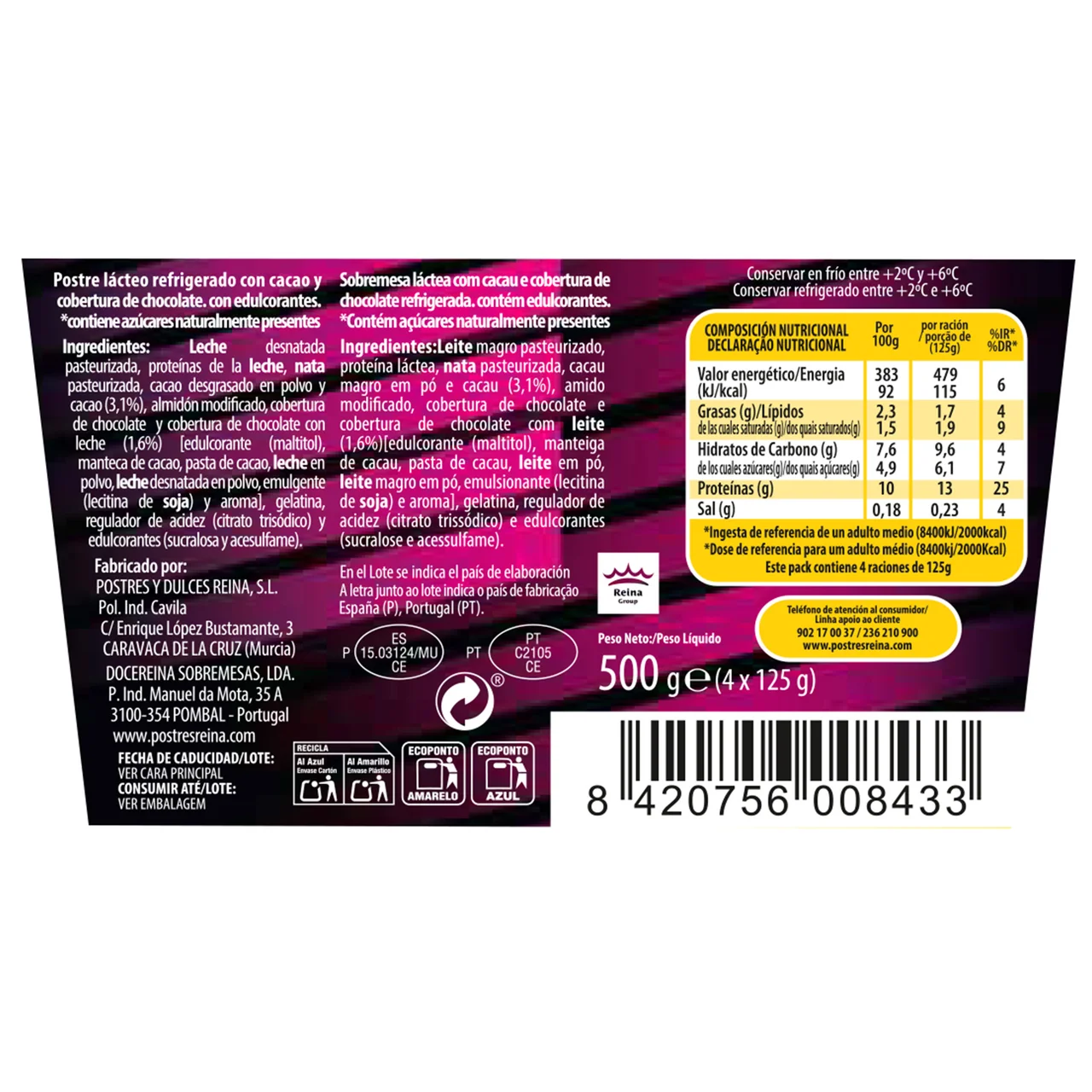 Natillas de chocolate bajas en grasa, sin azúcares añadidos y con alto contenido en proteínas (12.5 g) 4 x 125 g.