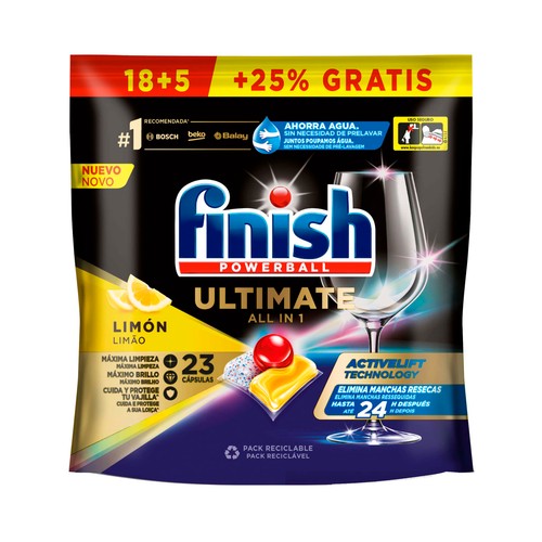 FINISH Detergente en pastillas para lavavajillas limón FINISH QUANTUM ULTIMATE 23 uds. 296,7 g.