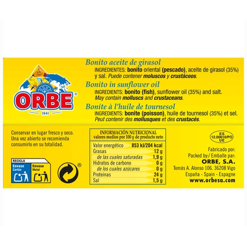 ORBE Bonito en aceite de girasol 72 gr.