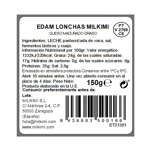 MILKIMI Queso lonchas Edam MILKIMI 150 g.