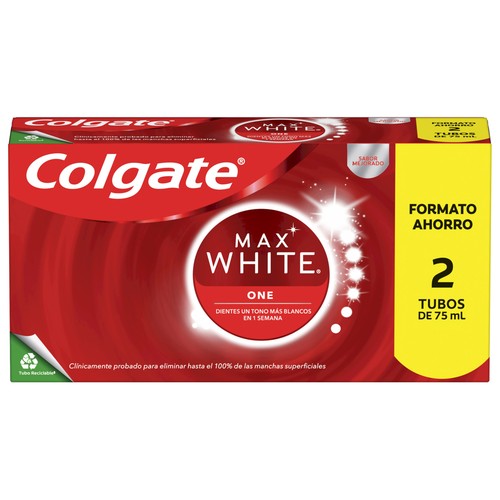 COLGATE Max white one Pasta de dientes con flúor, acción blanqueadora y sabor a menta 2 x 75 ml.