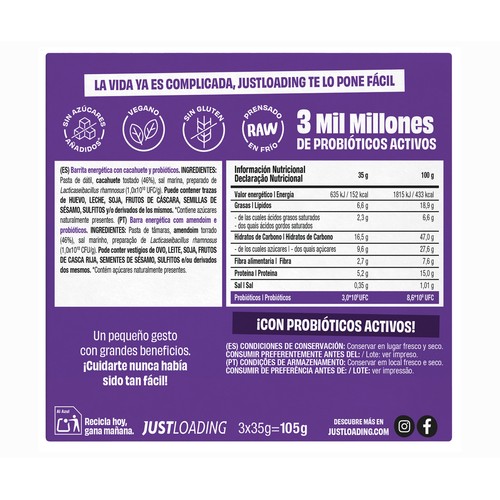 JUSTLOADING Barrita de frutos secos con probióticos 3x35 gr.