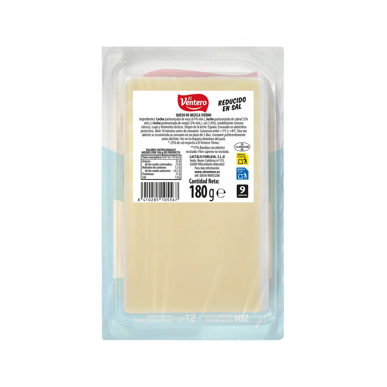 Queso tierno reducido en sal en lonchas 180 g.