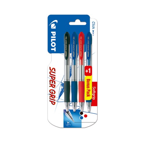 Set 3+1 bolígrafos super grip retráctiles, 2 azules, 1 rojo, 1 negro, PILOT.