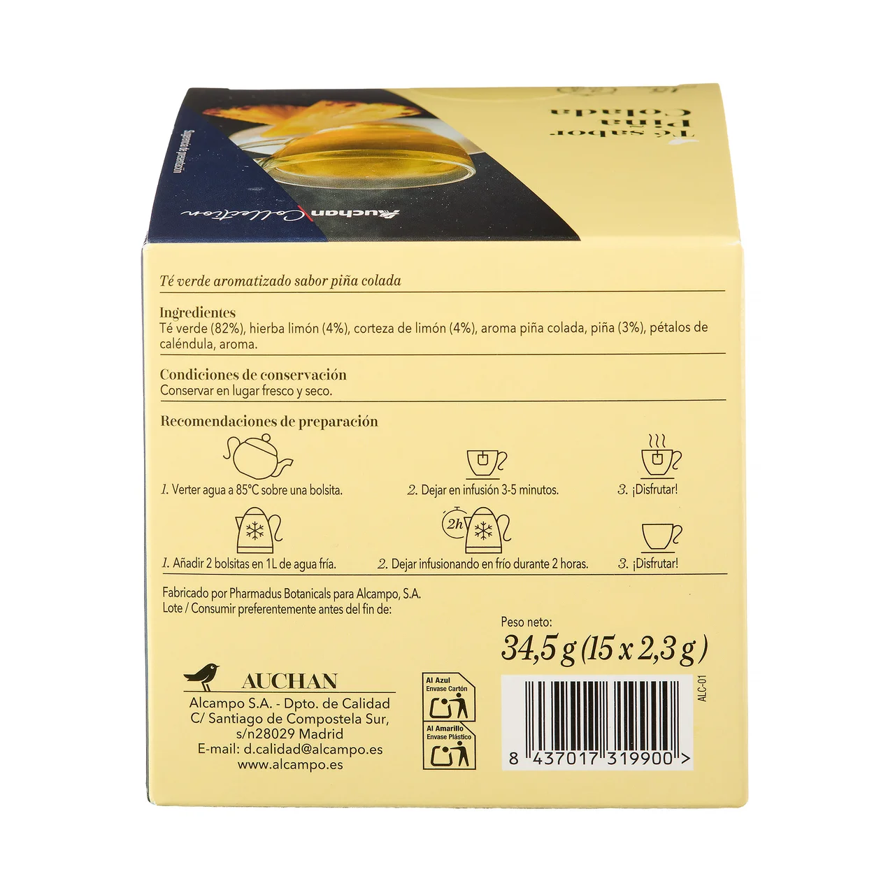 PRODUCTO ALCAMPO Collection Té verde con sabor a piña colada 15 uds. 34,5 g.