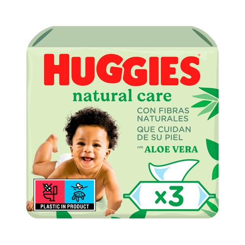 HUGGIES Toallitas humedas para bebé con aloe vera y fibras naturales que cuidan su piel HUGGIES Natural care 3 x 56 uds.