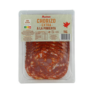 Imagen de AUCHAN Chorizo a la pimienta de categoria extra, sin gluten y cortado en lonchas 150 g. Producto Alcampo