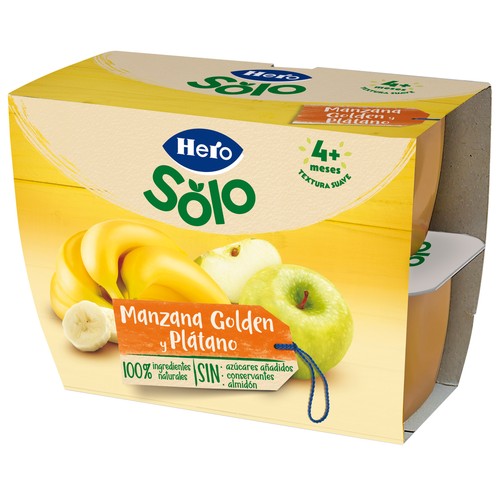 HERO Solo Tarrito de fruta (manzana Golden y plátano) con textura suave a partir de 4 meses 4 x 100 g.