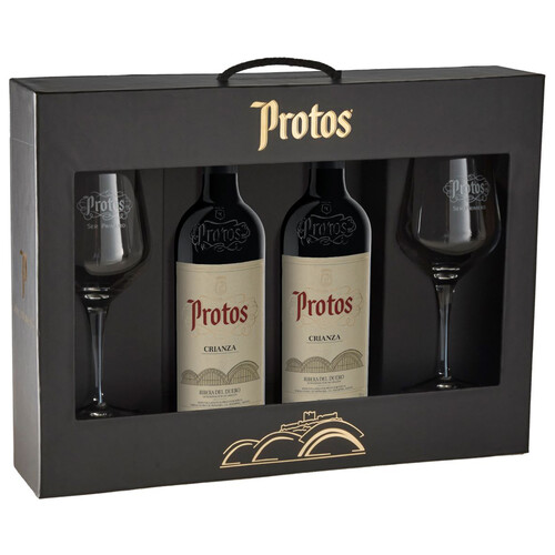 PROTOS  Estuche con 2 botellas de vino tinto crianza con D.O. Ribera del Duero + 2 copas.