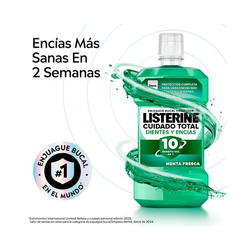 LISTERINE Enjuague bucal de uso diario, son sabor a menta fresca, para el cuidado de dientes y encías 2 x 1 l.