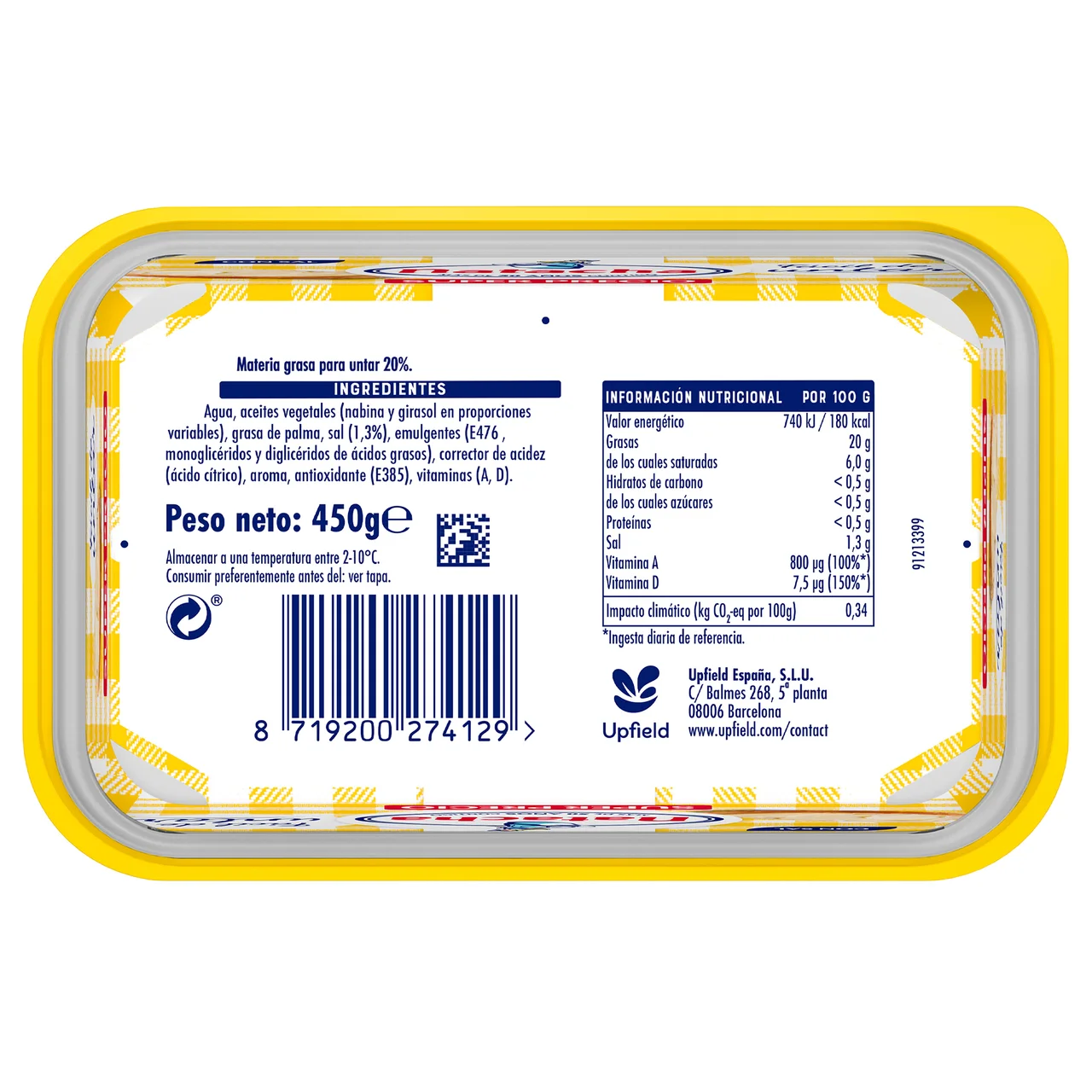 Tarrina de materia grasa fácil de untar 20% con sal 450 g.