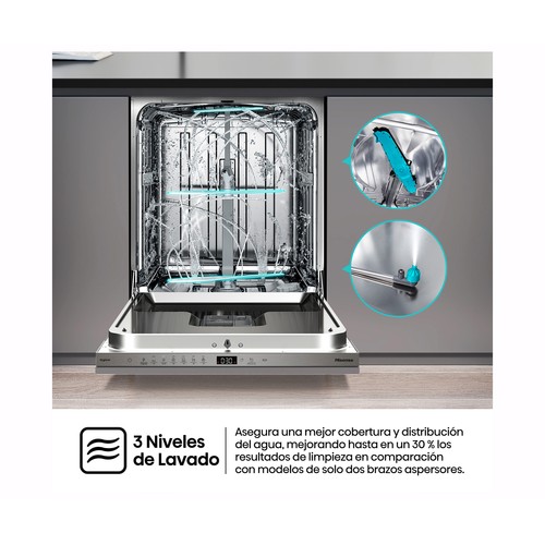 Lavavajillas integrable HISENSE HV16D5, capacidad: 16 servicios, clasificación energética: D, H: 81,6cm, A: 59,8cm, F: 55,5cm.