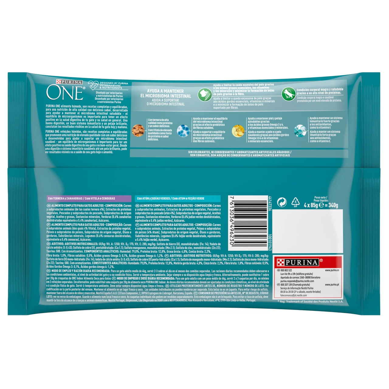One Comida para gatos con indoor formula a base de atún y judías verdes (2) o ternera y zanahorias (2) 4 x 85 g..