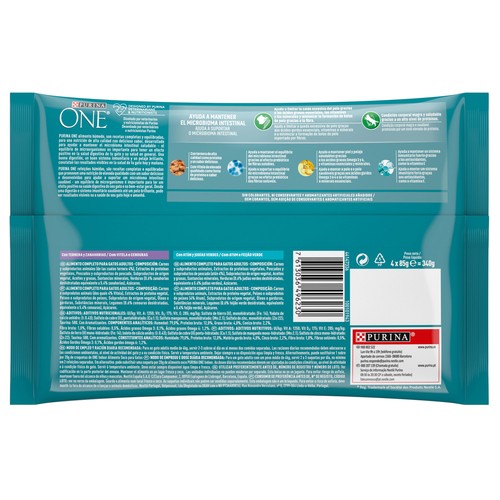PURINA One Comida para gatos con indoor formula a base de atún y judías verdes (2) o ternera y zanahorias (2) 4 x 85 g..