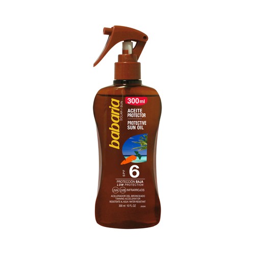 BABARIA Aceite solar en spray, con acción protectora y aceleradora del bronceado y FPS 6 (bajo) BABARIA 200 ml.