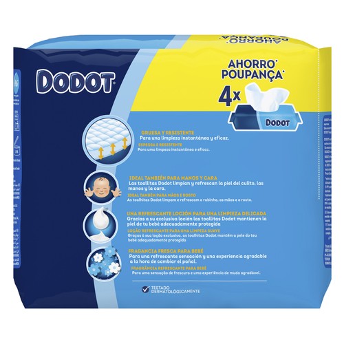 DODOT Toallitas humedas para bebé, aptas para manos y cara 4 x 52 uds.