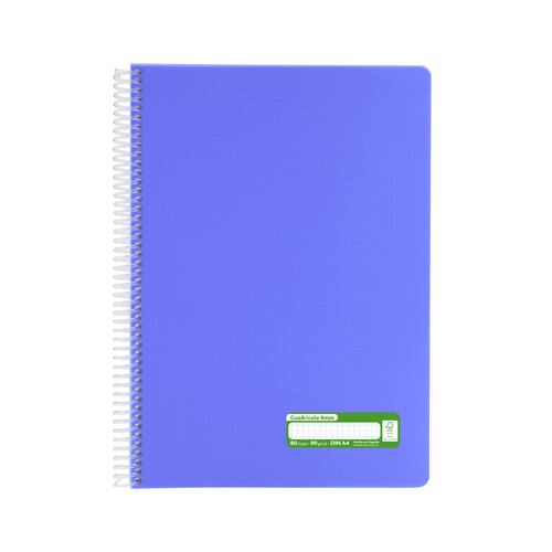 Cuaderno tamaño A4 con cubiertas de PP en color azul lavanda y espiral plástica, con 80 hojas de cuadrícula de 4mm y de 90 gr en el interior, GRAFOPLAS.