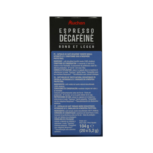PRODUCTO ALCAMPO Café espresso descafeinado en cápsulas, intensidad 6 PRODUCTO ALCAMPO 20 uds 104 g.