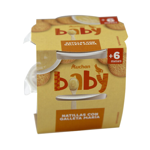 ALCAMPO BABY Postre lácteo infantil con leche y galleta maria, a partir de 6 meses 2 x 100 g.