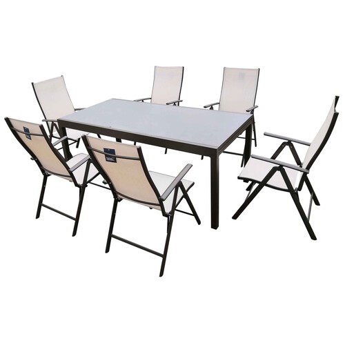 Conjunto 7 piezas con mesa y 6 sillas fabricadas en aluminio y textileno color beige, Denia KACTUS REPUBLIC.
