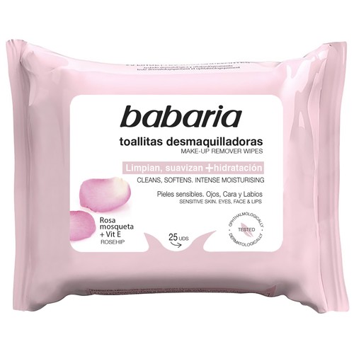 BABARIA Toallitas desmaquillantes con Rosa mosqueta y vitamina E, para pieles sensibles 25 uds.