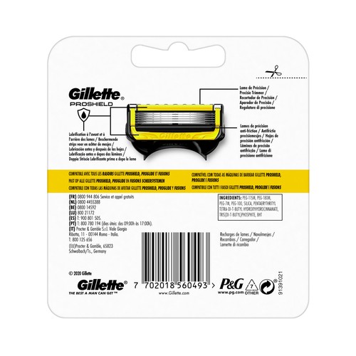 GILLETTE Pro shield Recambio de cuchillas de 5 hojas para maquinillas de afeitar 3 uds.
