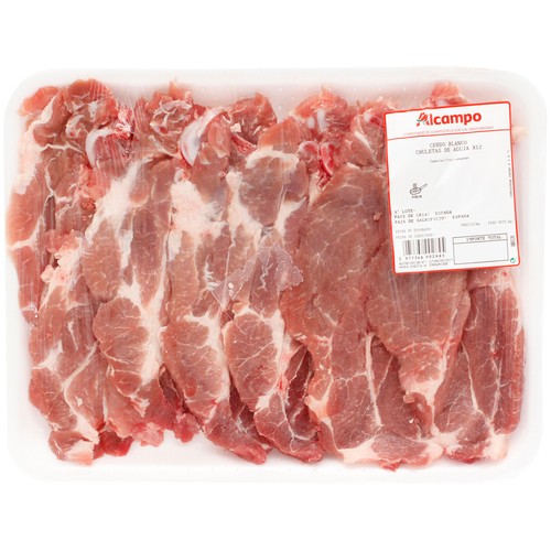 Chuletas de aguja de cerdo ideales para freír, bandeja grande.