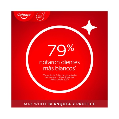 COLGATE Max white Pasta de dientes, acción blanqueante y protectora, sabor a menta 75 ml.