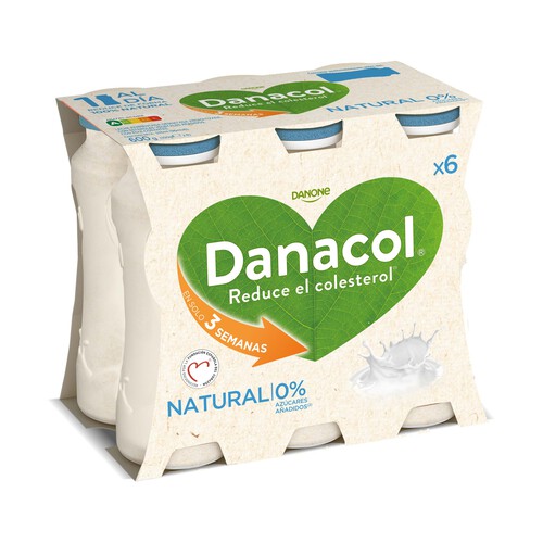 DANACOL Leche fermentada desnatada con edulcorantes,esteroles vegetales añadidos y sabor natural de Danone 6 x 100 g.