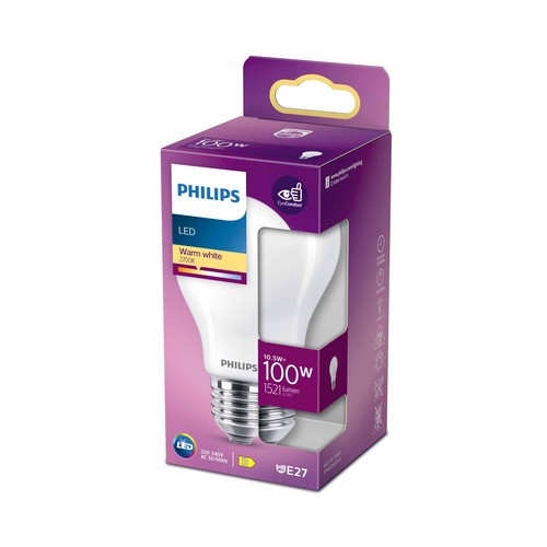 Bombilla Led E27, 11,5W=100W, luz cálida 2700K, 1521lm, PHILIPS.