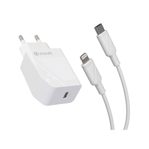 Cargador USB tipo-C + cable tipo-C a Apple Lightning MUVIT, 20W, 2.4A, longitud 1m.
