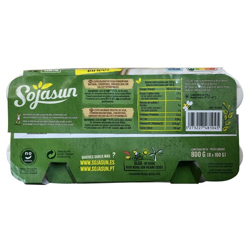 SOJASUN Especialidad de soja con bífidus, sin azúcar y con sabor natural 8 x 100 g.