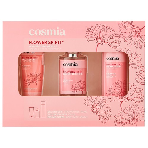 COSMIA Flower spirit Estuche para mujer con colonia (afrutada y floral), gel y bruma corporal.