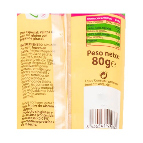 SINBLAT Palitos con pipas sin gluten SINBLAT, 80 g.