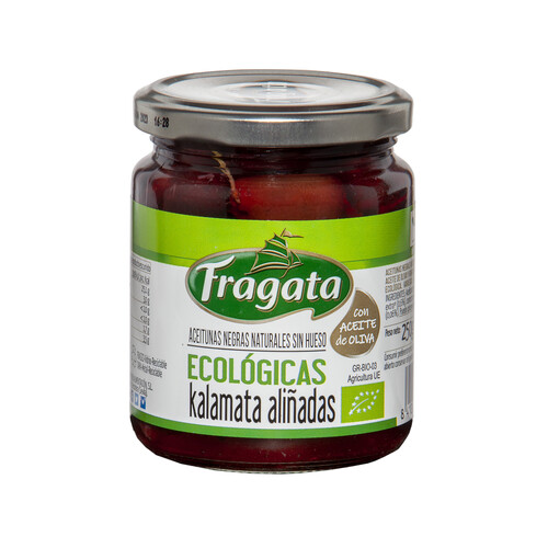 Aceitunas negras naturales sin hueso aliñadas, Kalamata, ecológicas FRAGATA 130 g.