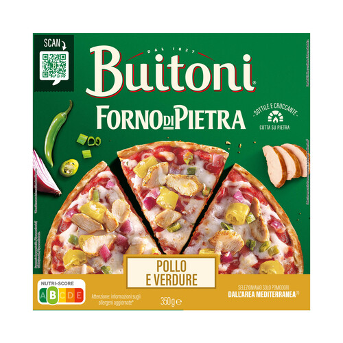 BUITONI Forno de pietra Pizza de pollo, vegetales y queso Mozzarella, con masa fina y crujiente 350 g.