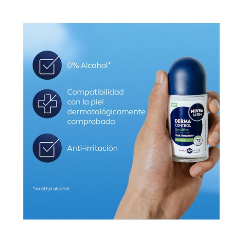 NIVEA Men derma control sensitive Desodorante roll on para hombre, antitranspirante hasta 72 horas.