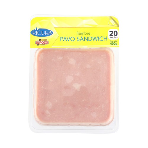 RICURA de El Pozo Fiambre de pechuga de pavo, especial para sándwich, cortado en lonchas 400 g.