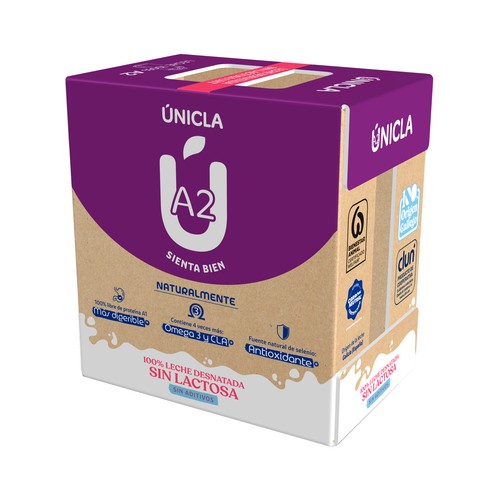 ÚNICLA Leche de vaca desnatada y sin lactosa, de origen 100% gallega 6 x 1 l.