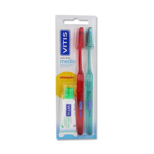 VITIS Cepillo de dientes con cabezal normal y dureza media VITIS 2 uds + obsequio dentífrico