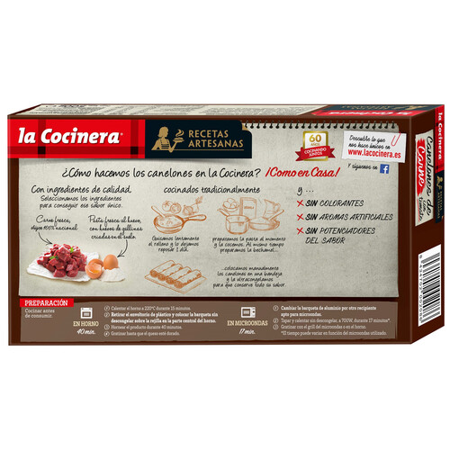 LA COCINERA Canelones de pasta fresca al huevo, rellenos de carne (origen 100% nacional) con tomate LA COCINERA Recetas artesanas 500 g.