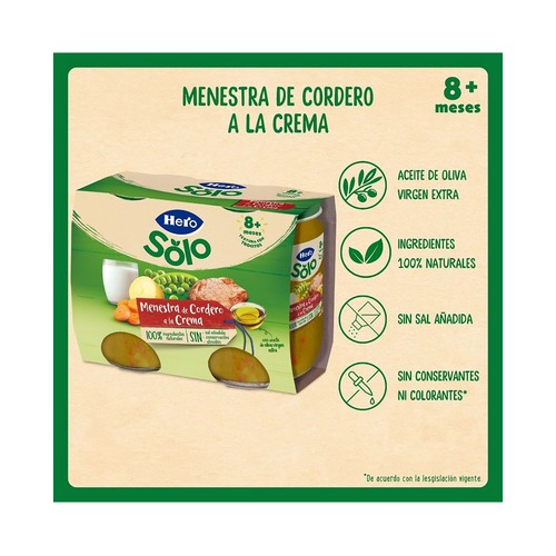 HERO Solo Tarrito de menestra de cordero a la crema (textura con trocitos), a partir de 8 meses 2 x 190 g.