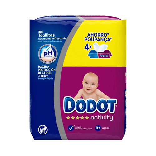 Toallitas humedas para bebé, con pH natural y aroma refrescante DODOT Activity 4 x 56 uds.