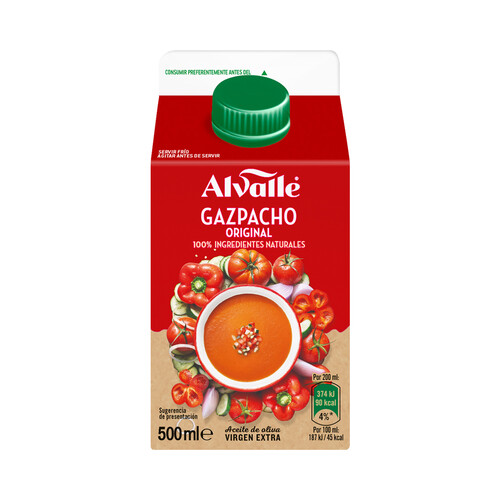 ALVALLE Gazpacho receta original elaborado con ingredientes 100% naturales ALVALLE 500 ml.